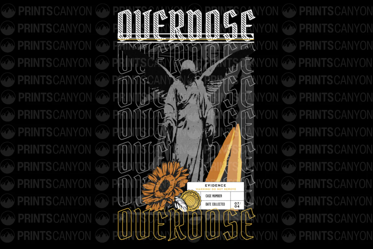 Overdose T-Shirt Design with Angel and Floral Elements