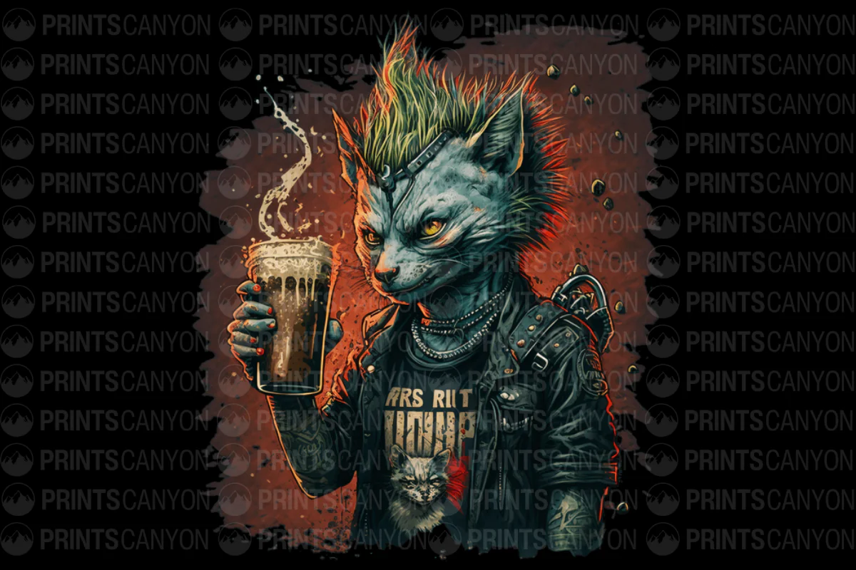 Punk Cat with Beer T-Shirt Design for Rock and Roll Lovers