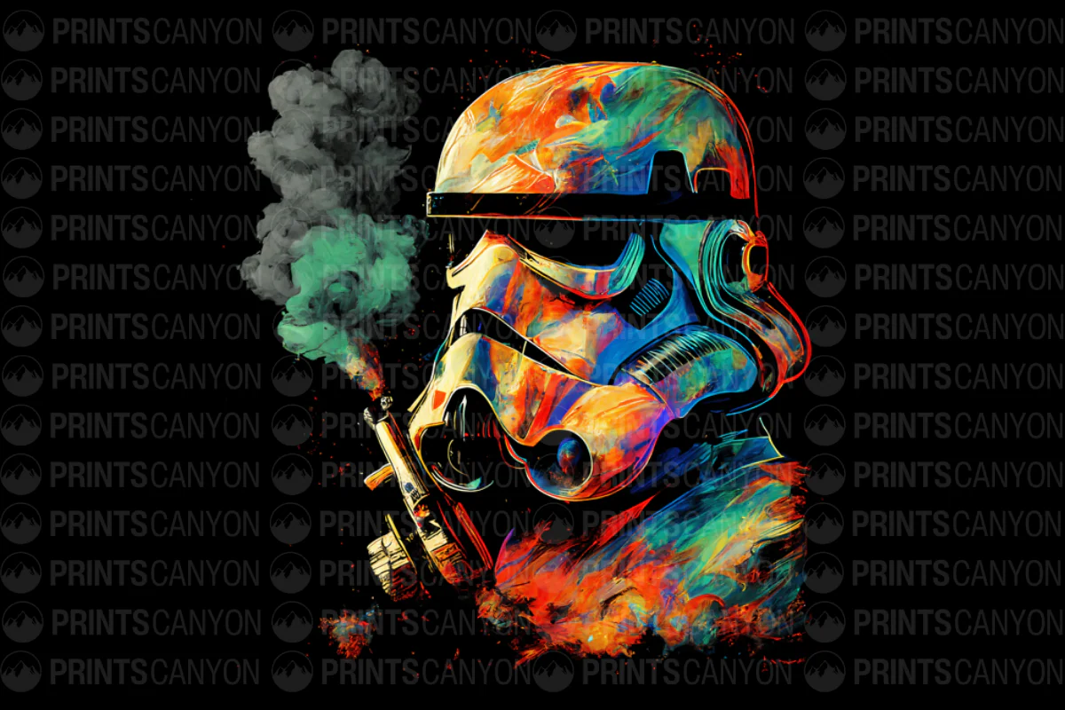 Colorful Stormtrooper T-Shirt Design with Smoke and Gun Art