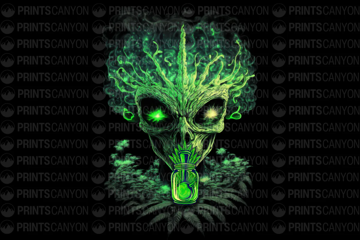 Alien Skull with Green Smoke and Potion T-shirt Design for Weed Lovers