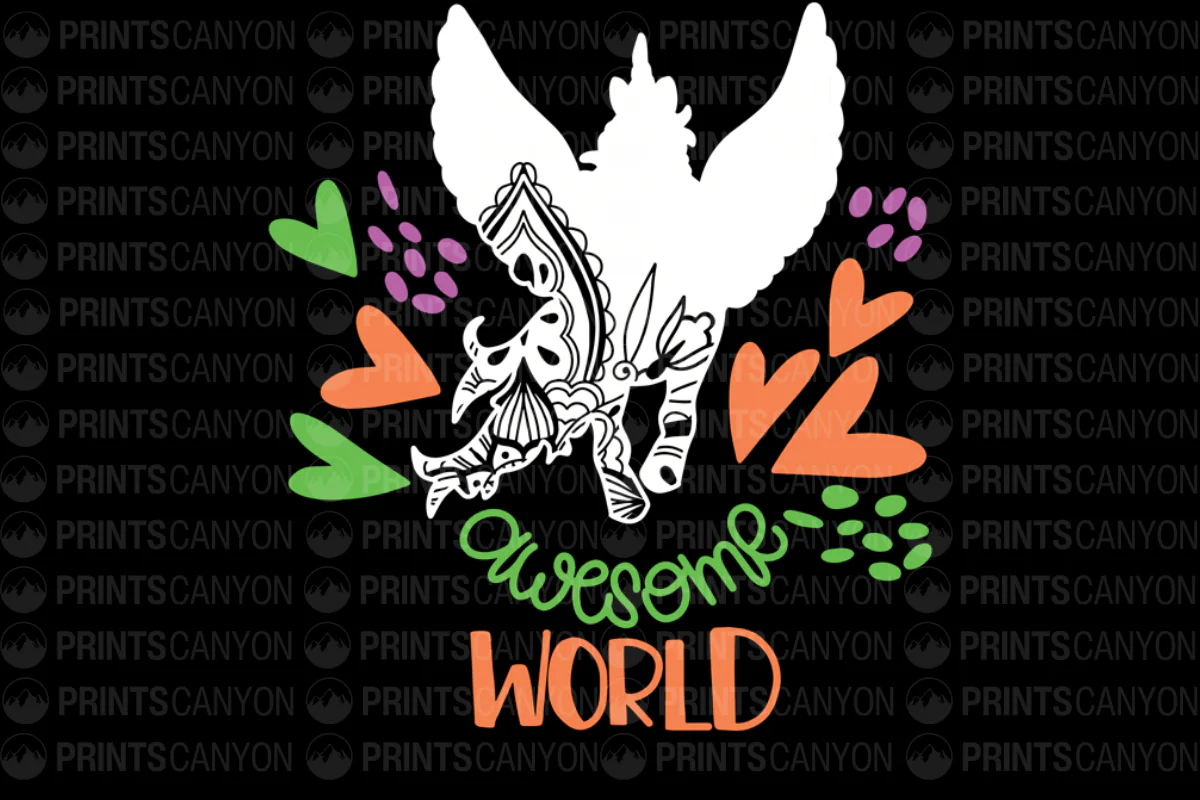 Awesome World T-Shirt Design with Colorful Hearts and Whimsical Creatures